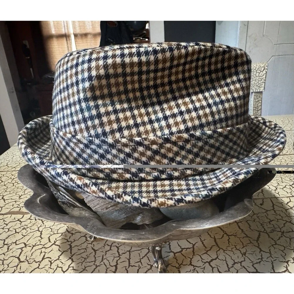 VTG Pendleton Wool Fedora With Feather Portland Oregon Plaid Brown Black Blue